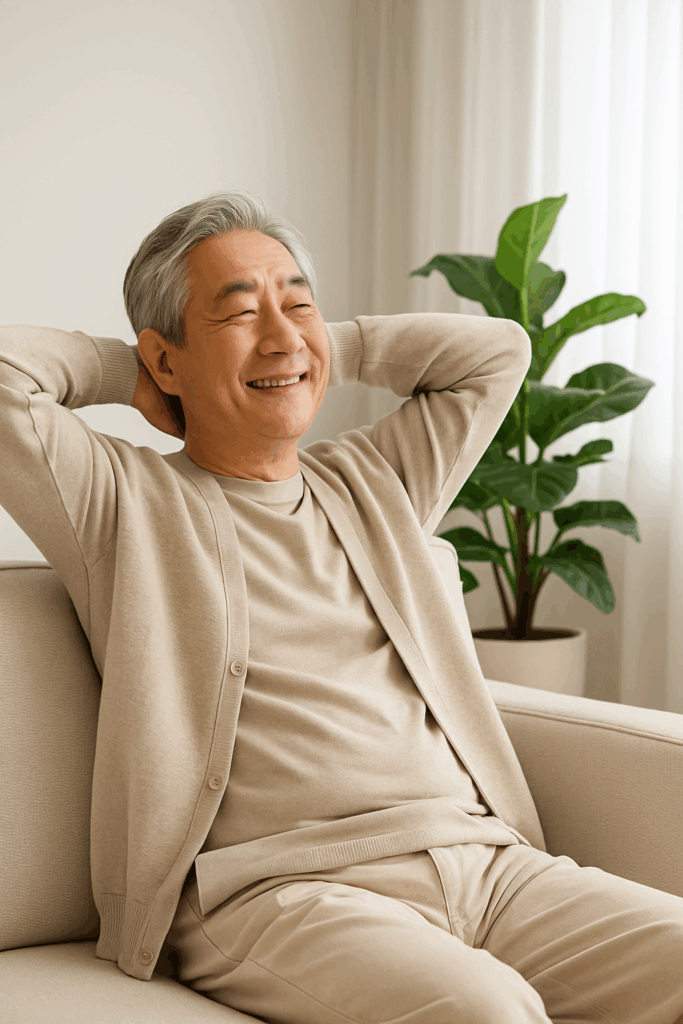 2025년 고령자 복지 지원 정책을 상징하는 밝은 표정의 노년 남성 실사 이미지