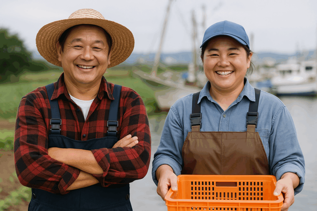 밝게 웃고 있는 농업 종사자와 수산업 종사자가 함께 있는 2025년 농림·수산업 정부 지원 정책 관련 이미지
