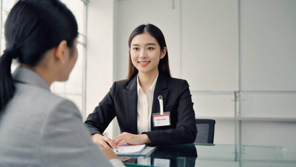 AI와 인터뷰 훈련을 마치고, 사람과 대면하여 직접 면접을 보고 있는 입사지원자