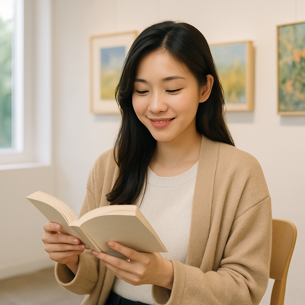 밝은 미술관에서 책을 읽으며 여유로운 시간을 보내는 젊은 여성을 통해 2025년 문화·여가 지원 정책을 시각화한 이미지