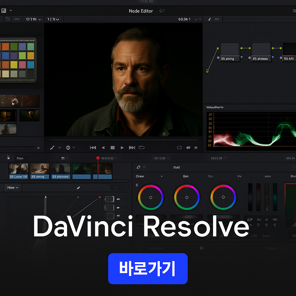 전문 영상 편집 소프트웨어 DaVinci Resolve의 사용자 인터페이스를 보여주는 고화질 스크린샷. 색보정 툴과 오디오 편집 패널이 함께 표시되어 있어, 고퀄리티 영상 제작을 위한 다빈치 리졸브의 전문 기능을 직관적으로 전달함. ‘색보정’, ‘무료 고급 영상 툴’, ‘강의 영상 제작’ 