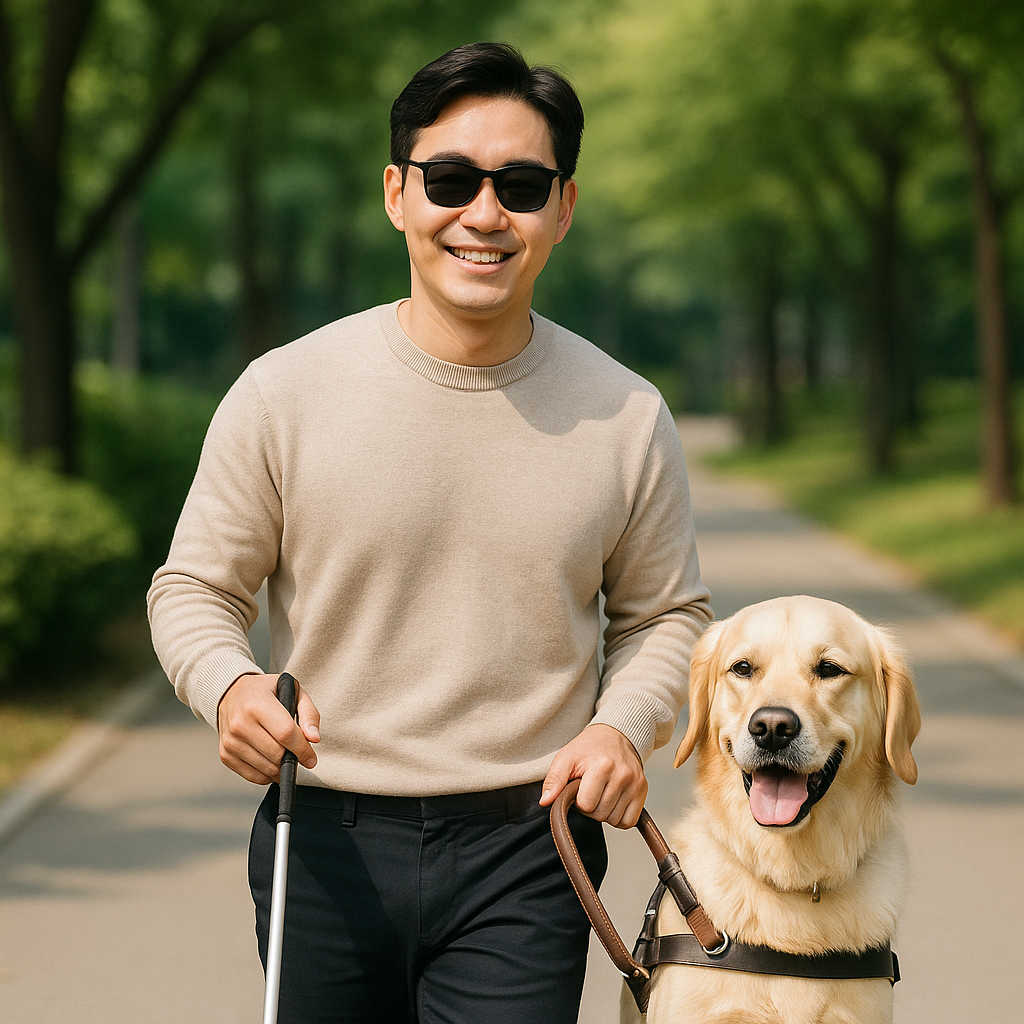 안내견과 함께 산책하는 밝은 표정의 한국인 시각장애인 남성의 이미지