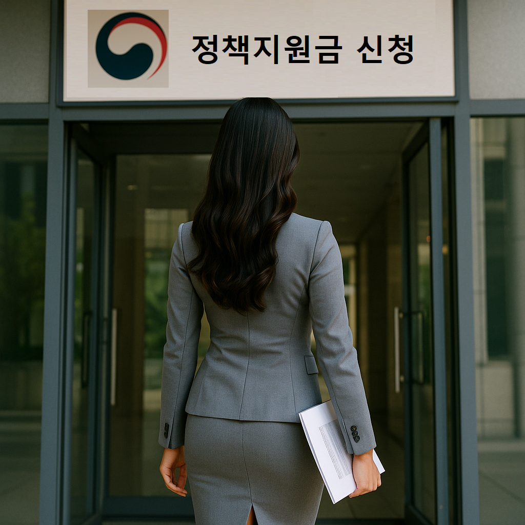 정책지원금 신청을 위해 관공서에 들어가는 세련된 한국 여성