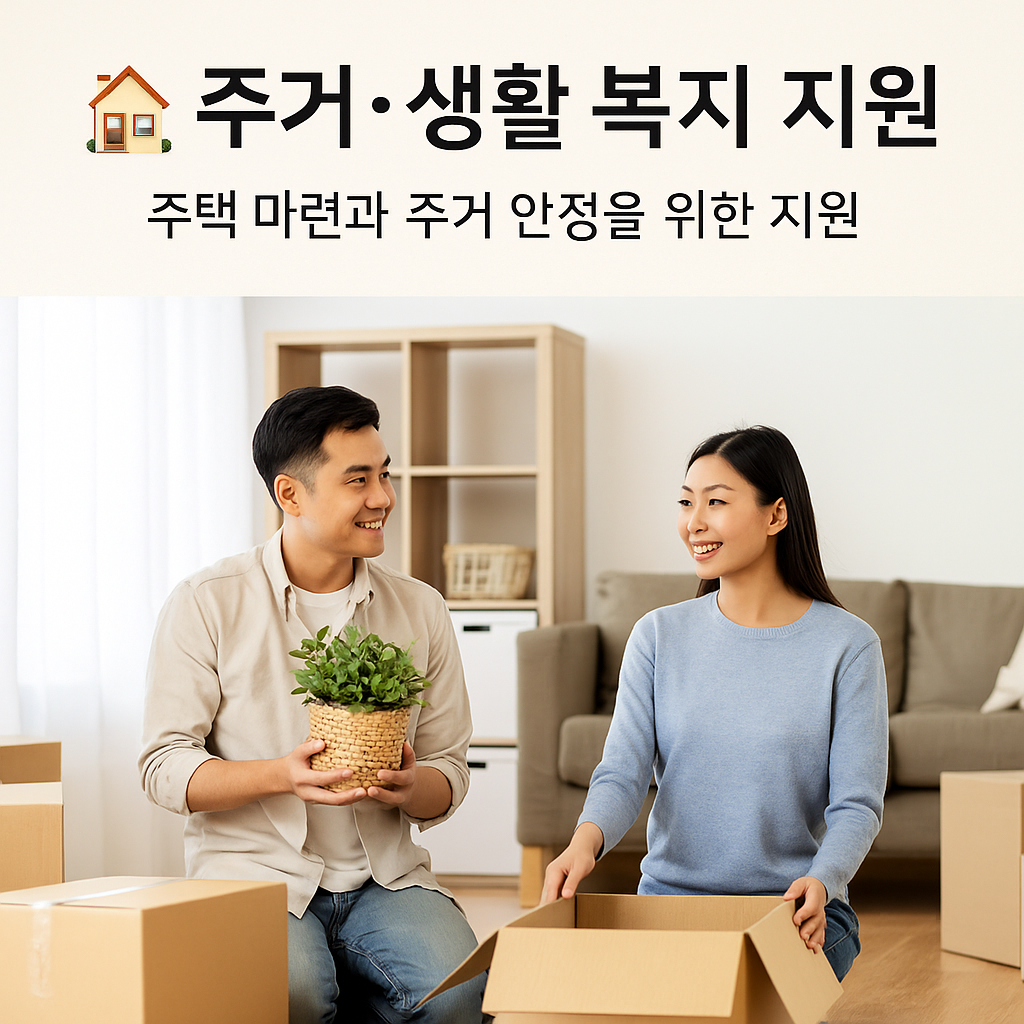 2025년 주거·생활 복지 지원 정책을 상징하는 새 집에 이사 온 젊은 부부의 밝은 실사 이미지