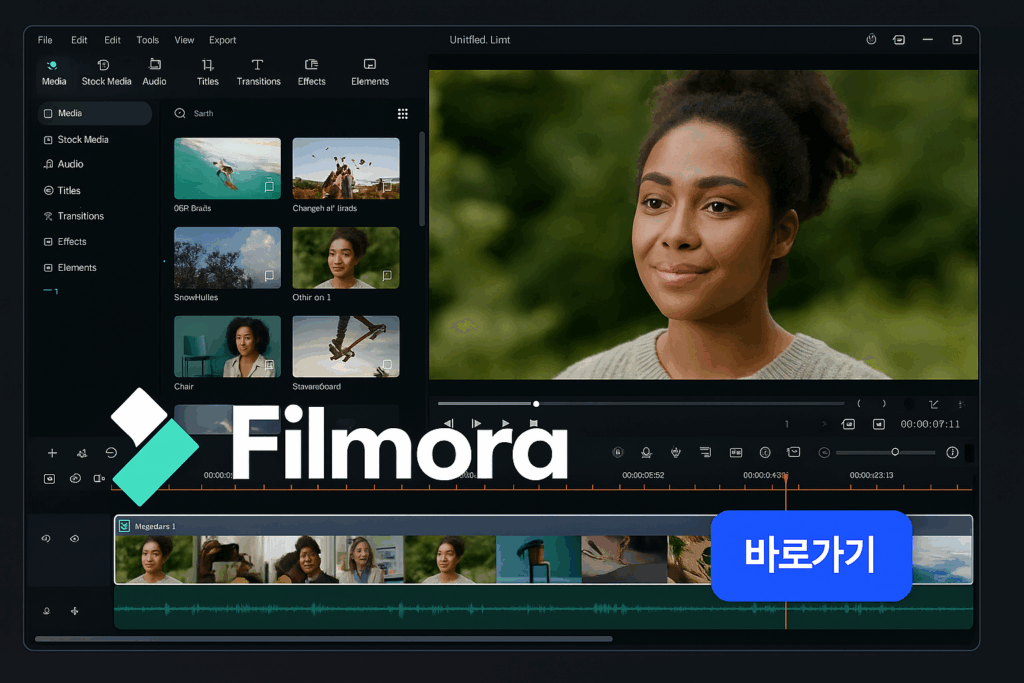 직관적인 UI와 다양한 트랜지션 효과를 제공하는 영상 편집 툴 Filmora의 인터페이스 화면. 유튜브 쇼츠, 강의 영상, SNS 콘텐츠 편집에 적합하며 음성 합성과 자막 생성 기능도 탑재되어 있어 영상 제작 초보자와 중급자 모두에게 인기 있는 프로그램.