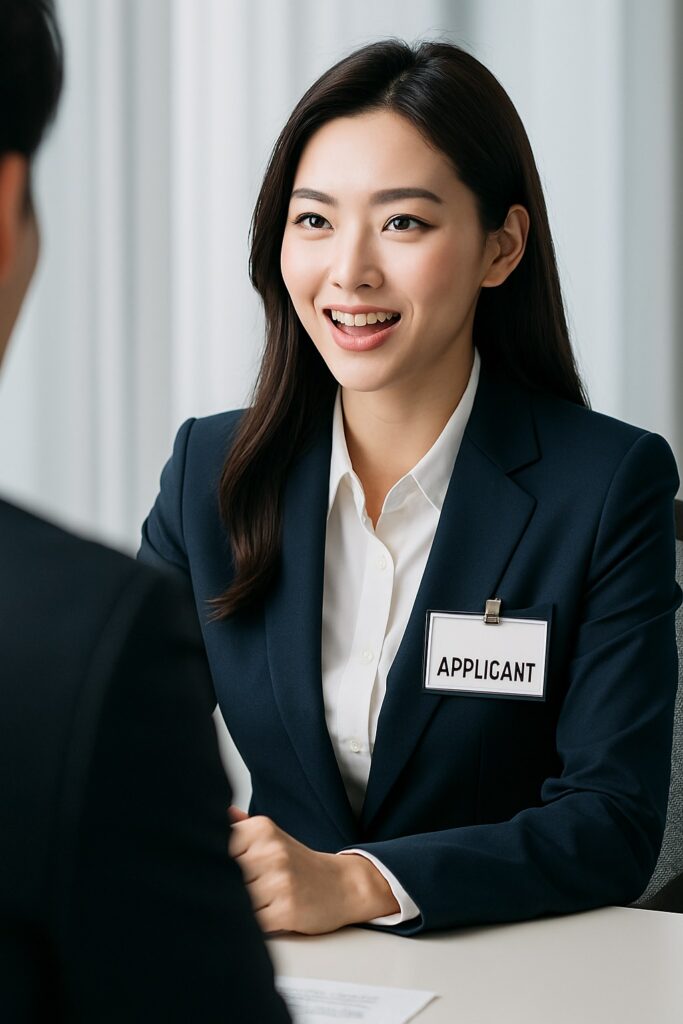 면접표를 착용한 정장 차림의 한국 여성이 실제 면접에서 자신감 있게 응답하는 장면