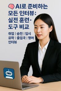 AI 인터뷰 면접을 준비 중인 한국 여성 지원자가 단정한 정장 차림으로 AI 면접 프로그램 화면을 바라보며 대답하고 있는 장면
