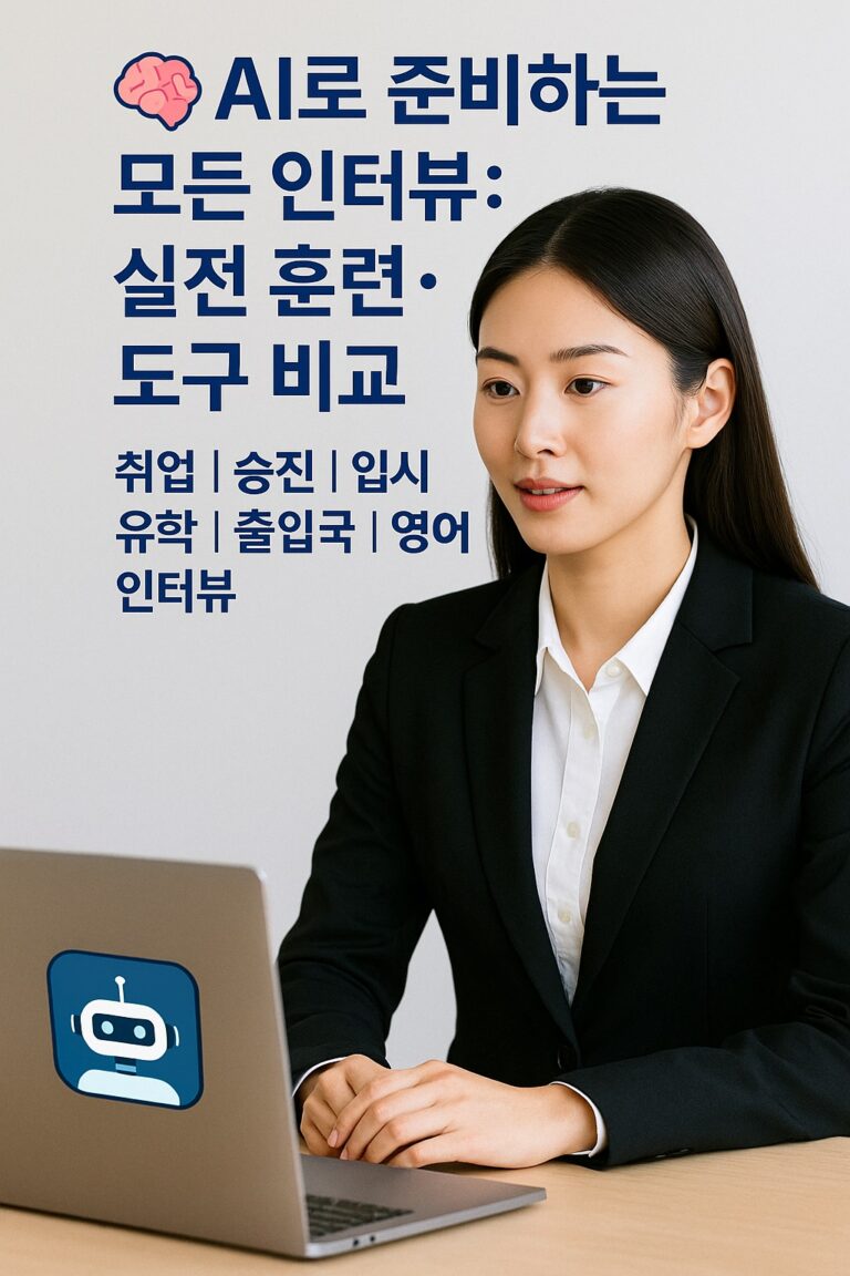 AI 인터뷰 면접을 준비 중인 한국 여성 지원자가 단정한 정장 차림으로 AI 면접 프로그램 화면을 바라보며 대답하고 있는 장면