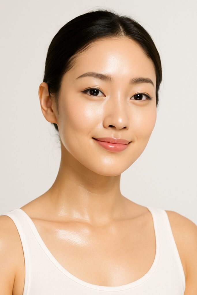 A stunning Korean woman with flawless, glowing skin applying skincare gently — representing the essence of K-Beauty