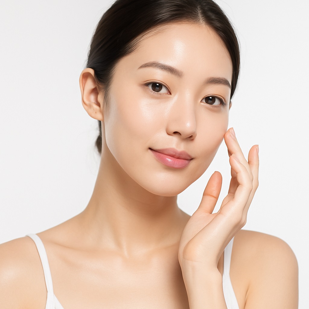 Close-up of a beautiful Korean woman with glowing, flawless skin, embodying K-Beauty ideals