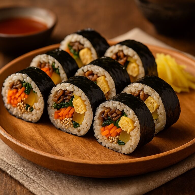 A beautifully arranged Korean Kimbap roll sliced and served on a wooden plate with dipping sauce and side dishes