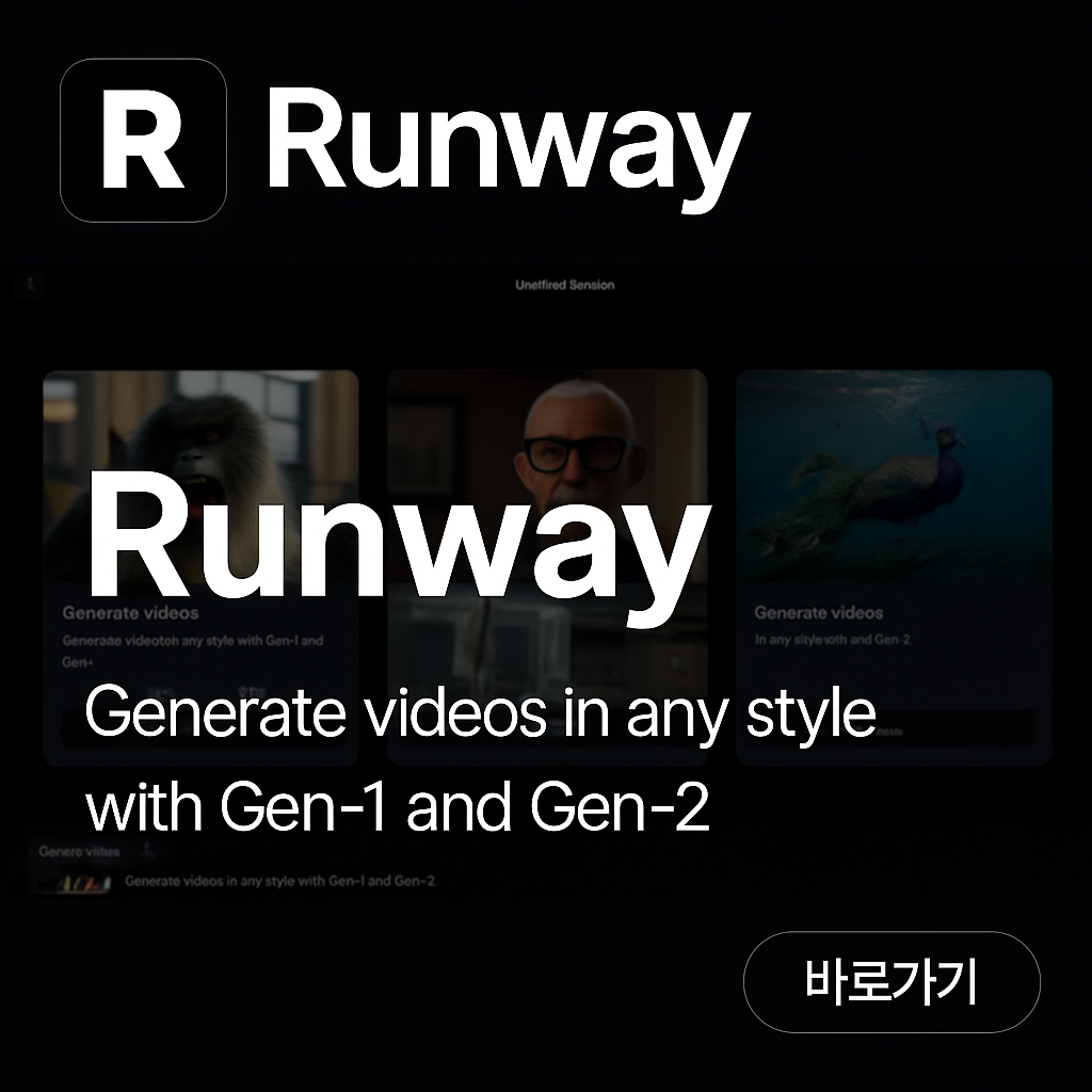 AI 영상 편집 툴 Runway의 주요 기능이 정리된 대시보드 화면. 립싱크, 음성 합성, 스타일 전환 등 다양한 영상 생성 기능이 탑재된 실사용 인터페이스.