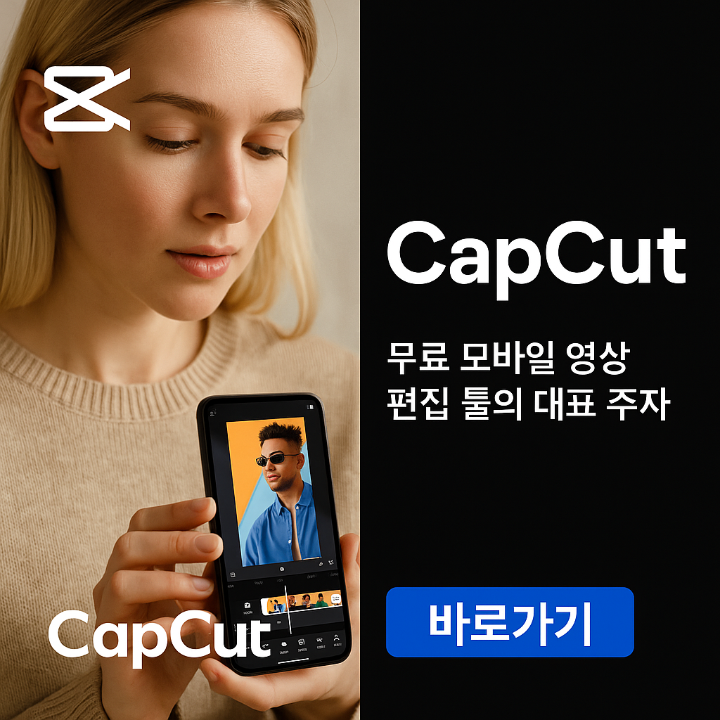 모바일과 데스크탑 모두에서 사용 가능한 CapCut 영상 편집 툴의 인터페이스 화면으로, 짧은 영상 제작에 특화된 트렌디한 효과와 쉬운 UI 구성을 강조. 유튜브 쇼츠, 인스타 릴스, 틱톡 영상 편집에 최적화된 무료 영상 프로그램
