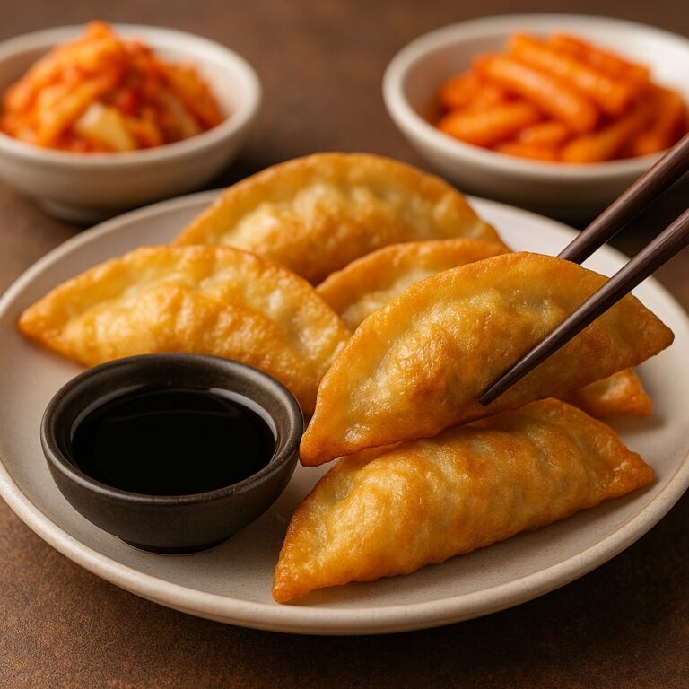 Crispy Korean gunmandu served on a ceramic plate with soy sauce and garnishes
