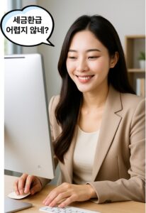 2025 세금 환급 정보를 확인하는 한국 여성, 컴퓨터 화면 앞에서 미소 짓는 모습