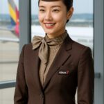 아시아나항공 승무원이 공항 창가에서 미소 짓고 있는 모습