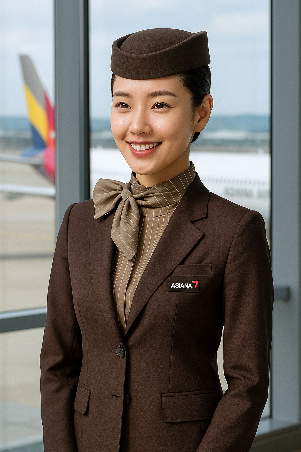 아시아나항공 승무원이 공항 창가에서 미소 짓고 있는 모습