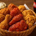 Assorted Korean fried chicken with beer – crispy yangnyeom, soy garlic, and boneless varieties on rustic plate