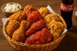Assorted Korean fried chicken with beer – crispy yangnyeom, soy garlic, and boneless varieties on rustic plate