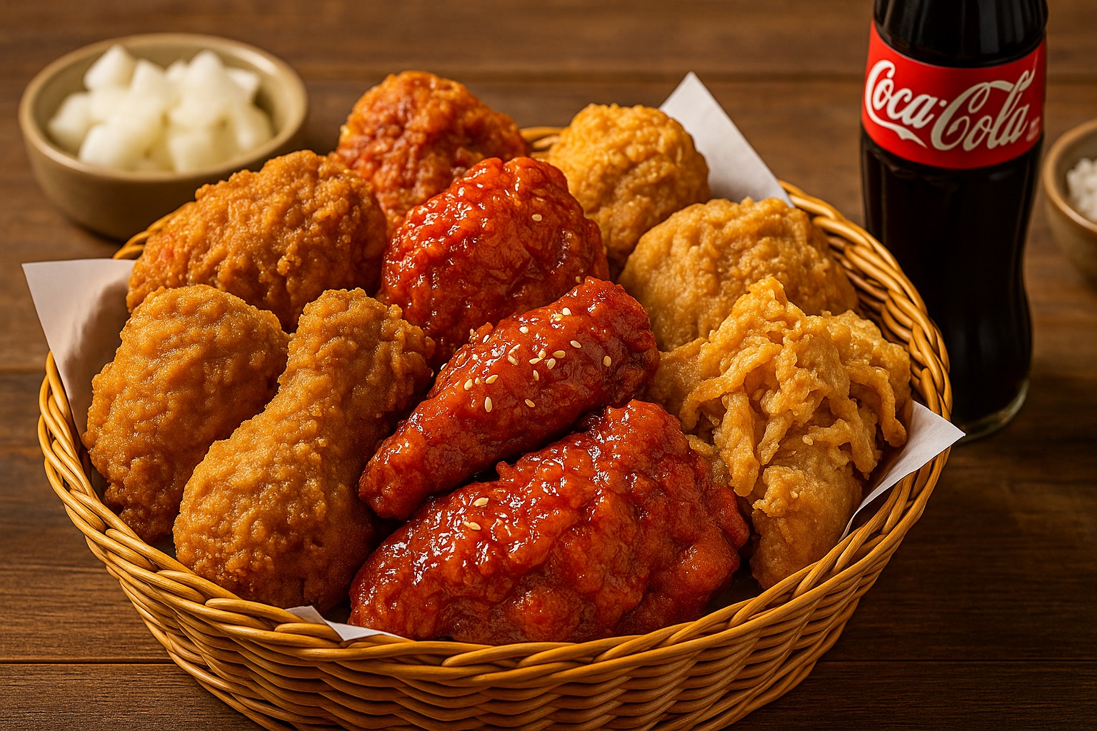 Assorted Korean fried chicken with beer – crispy yangnyeom, soy garlic, and boneless varieties on rustic plate