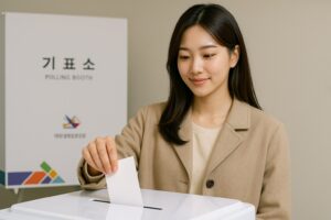 젊은 한국 여성이 투표소에서 투표를 하고 있는 모습 – 대한민국 선거 장면