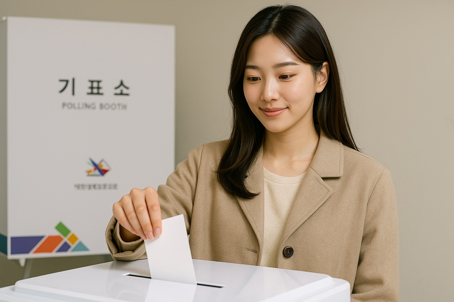 젊은 한국 여성이 투표소에서 투표를 하고 있는 모습 – 대한민국 선거 장면