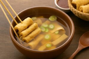 Korean fish cake soup served in a traditional bowl with green onions and skewers
