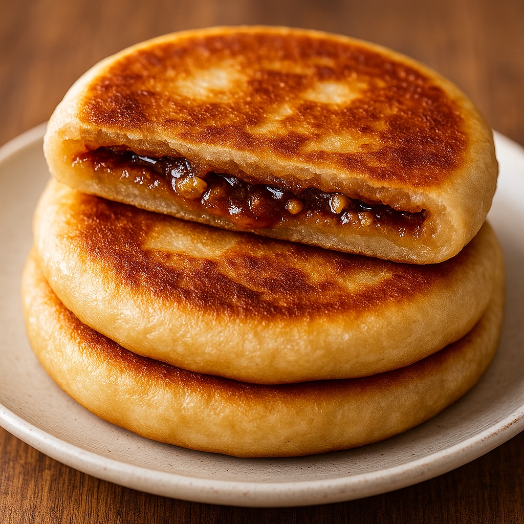 Korean sweet pancake hotteok filled with brown sugar and nuts served hot as a popular winter street food