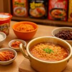 Assorted Korean instant noodles including cup noodles, black bean ramen, and spicy ramen with side dishes