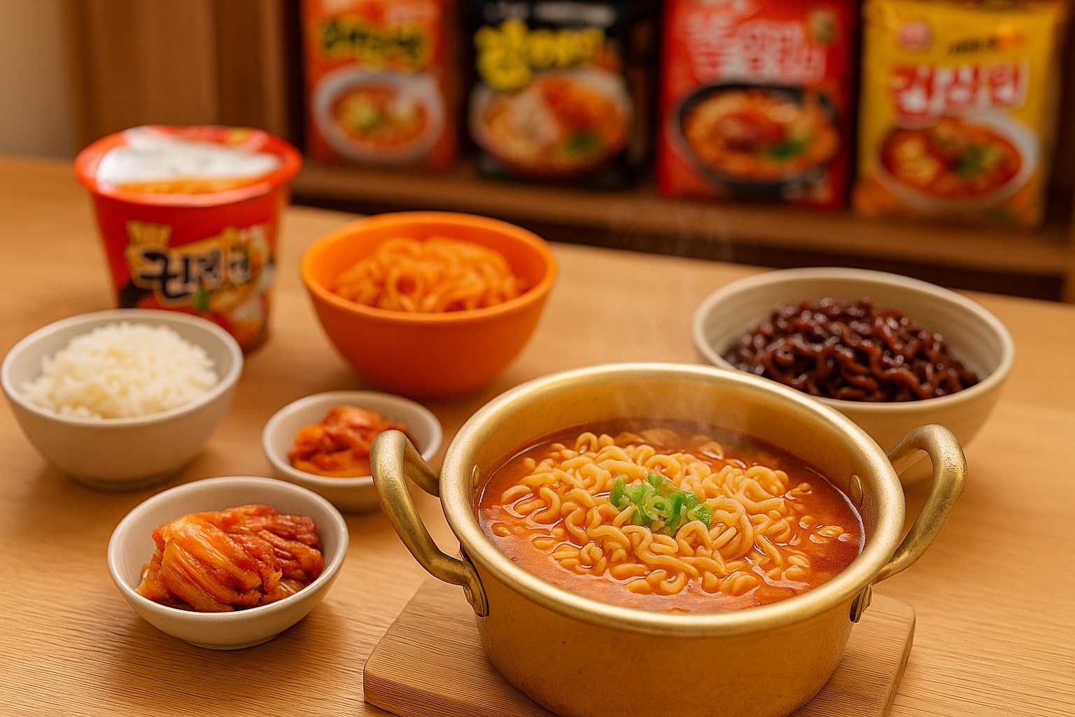 Assorted Korean instant noodles including cup noodles, black bean ramen, and spicy ramen with side dishes