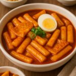 Delicious Korean spicy tteokbokki served with fish cake, egg, and green onions